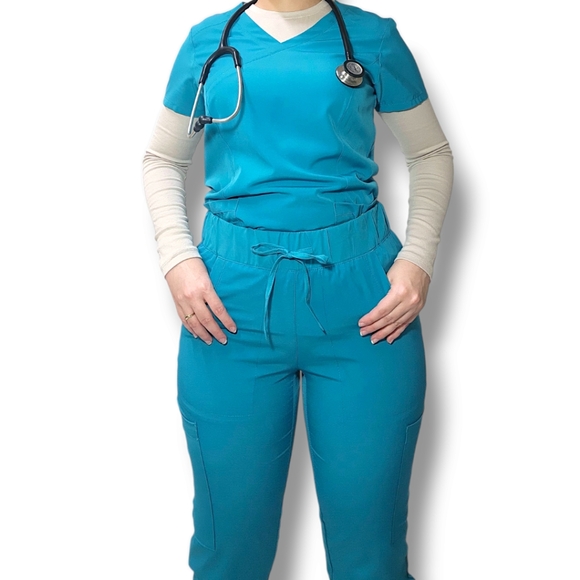 Flexxione Teal Medical/Nurse Scrub Top XS V-Neck Multiple Pocket Comfortable Fit - Picture 3 of 12